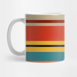 A fine commixture of Police Blue, Ming, Putty, Lanzones, Squash, Brownish Orange, Vermilion, Brick Red and Almost Black stripes. Mug